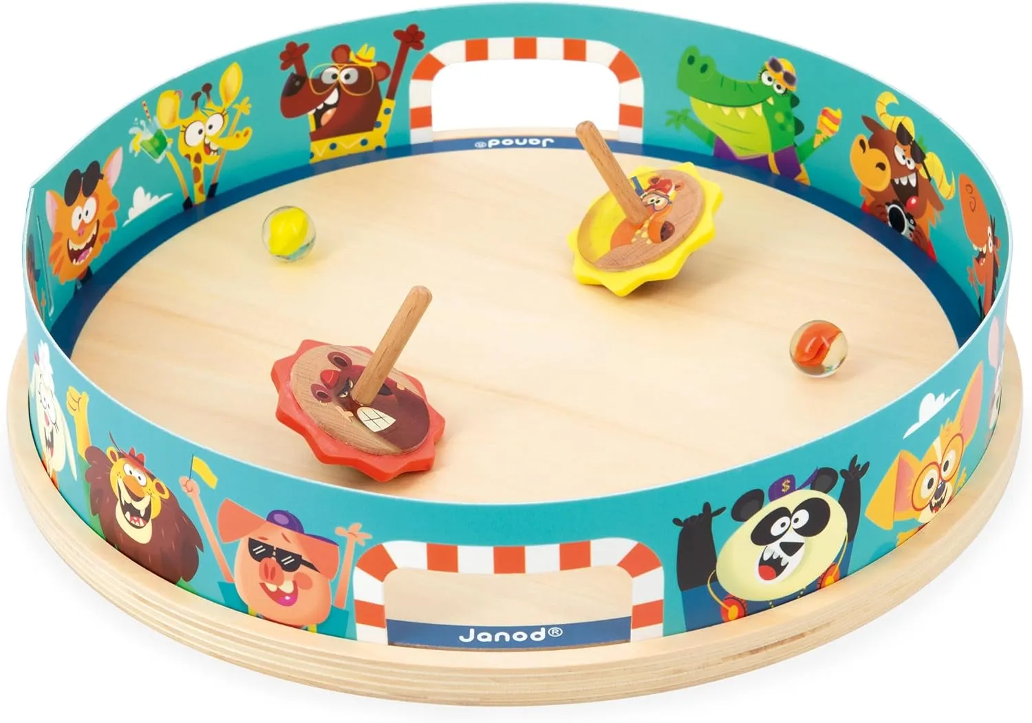 - 5 Piece Set - 2 Players - Ages 4-8 flotation complication - J03355 Janod Applepop Spinning Top Arena Carnival Game 