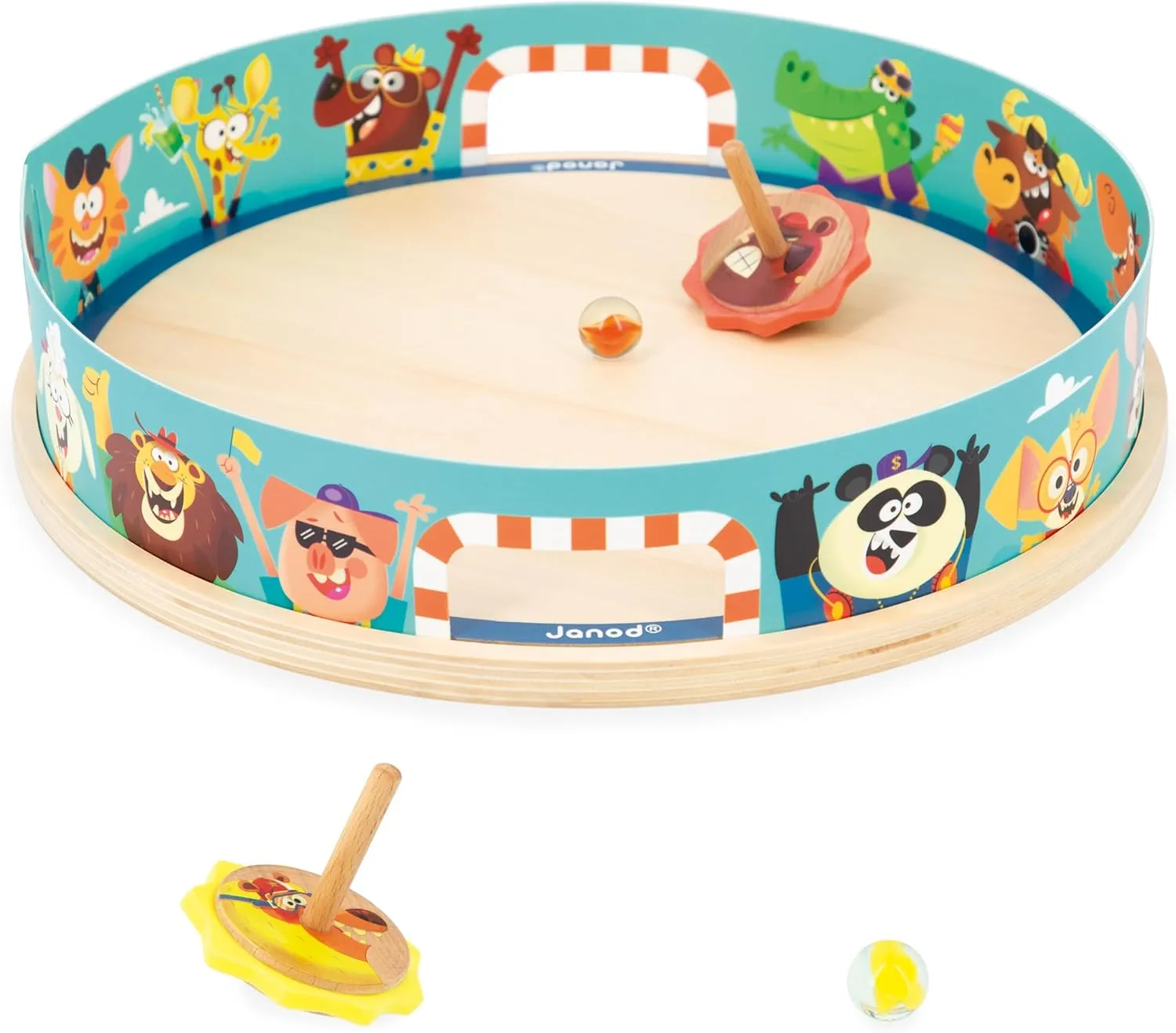 - 5 Piece Set - 2 Players - Ages 4-8 flotation complication - J03355 Janod Applepop Spinning Top Arena Carnival Game 