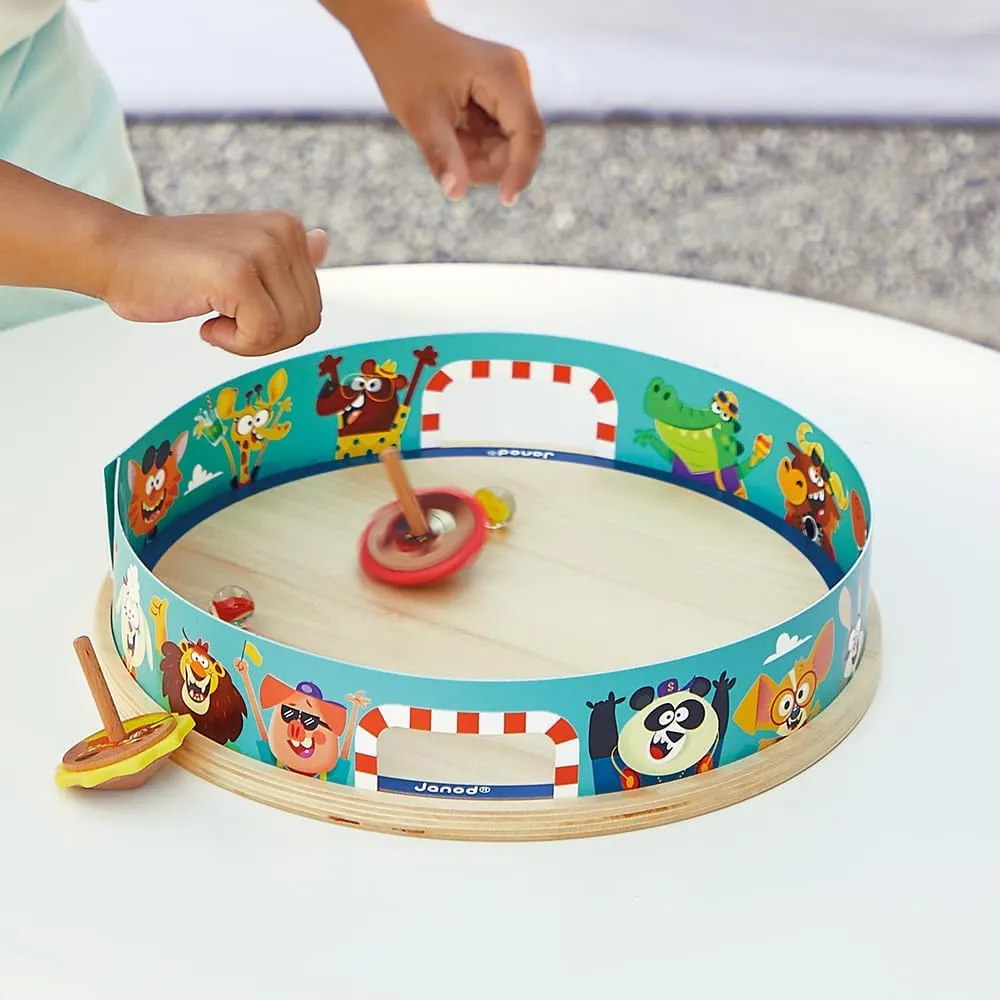 - 5 Piece Set - 2 Players - Ages 4-8 flotation complication - J03355 Janod Applepop Spinning Top Arena Carnival Game 