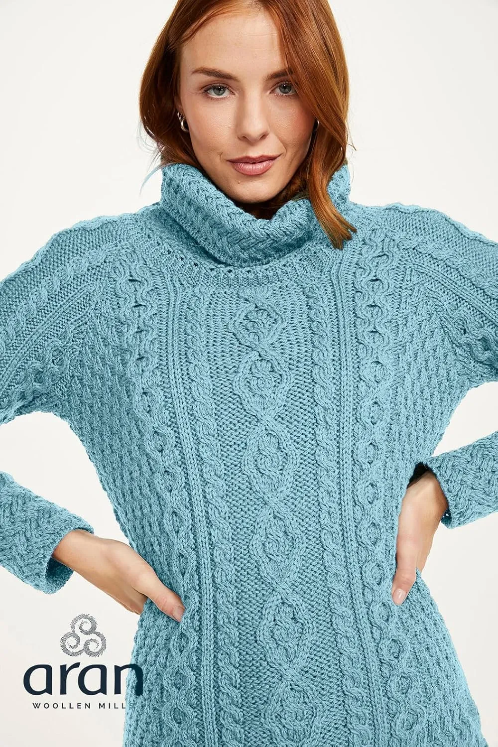 - brass 100% Soft Merino Wool - Cable Knit Sweeter Vented Roll Neck Irish Jumper Carraig Donn - Ladies 