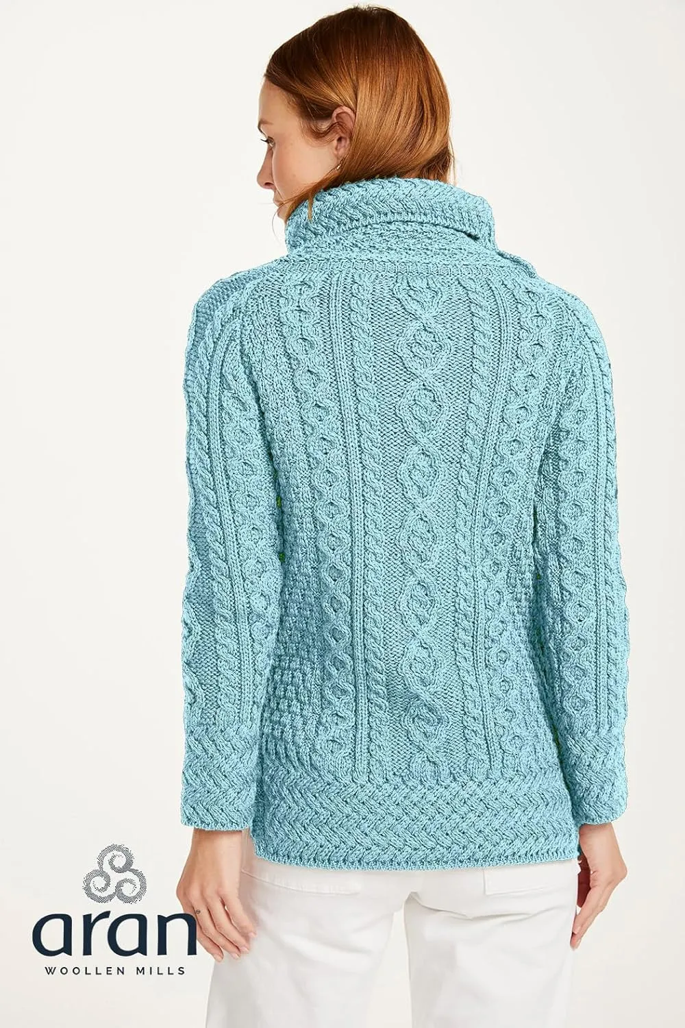 - brass 100% Soft Merino Wool - Cable Knit Sweeter Vented Roll Neck Irish Jumper Carraig Donn - Ladies 