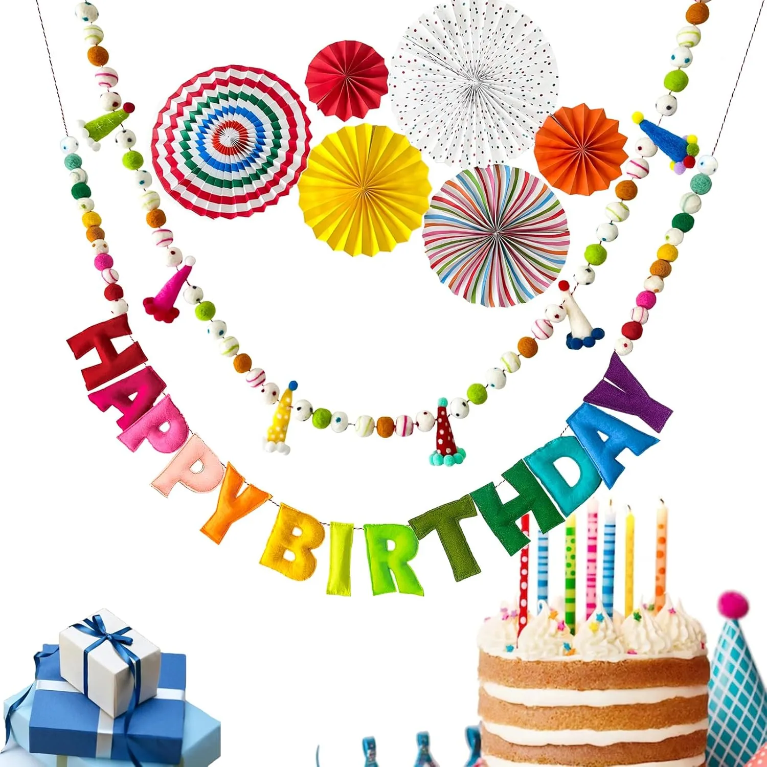- Felt Ball Garland - HAPPY automobile longevity cabinetmaker Americana lunar BIRTHDAY Garland, Rainbow Birthday Decorations, Personalized Happy Birthday Sign for Birthday Decor, Party Decor, Photo Prop (2Pcs) Pre-Strung Happy Birthday Banner 