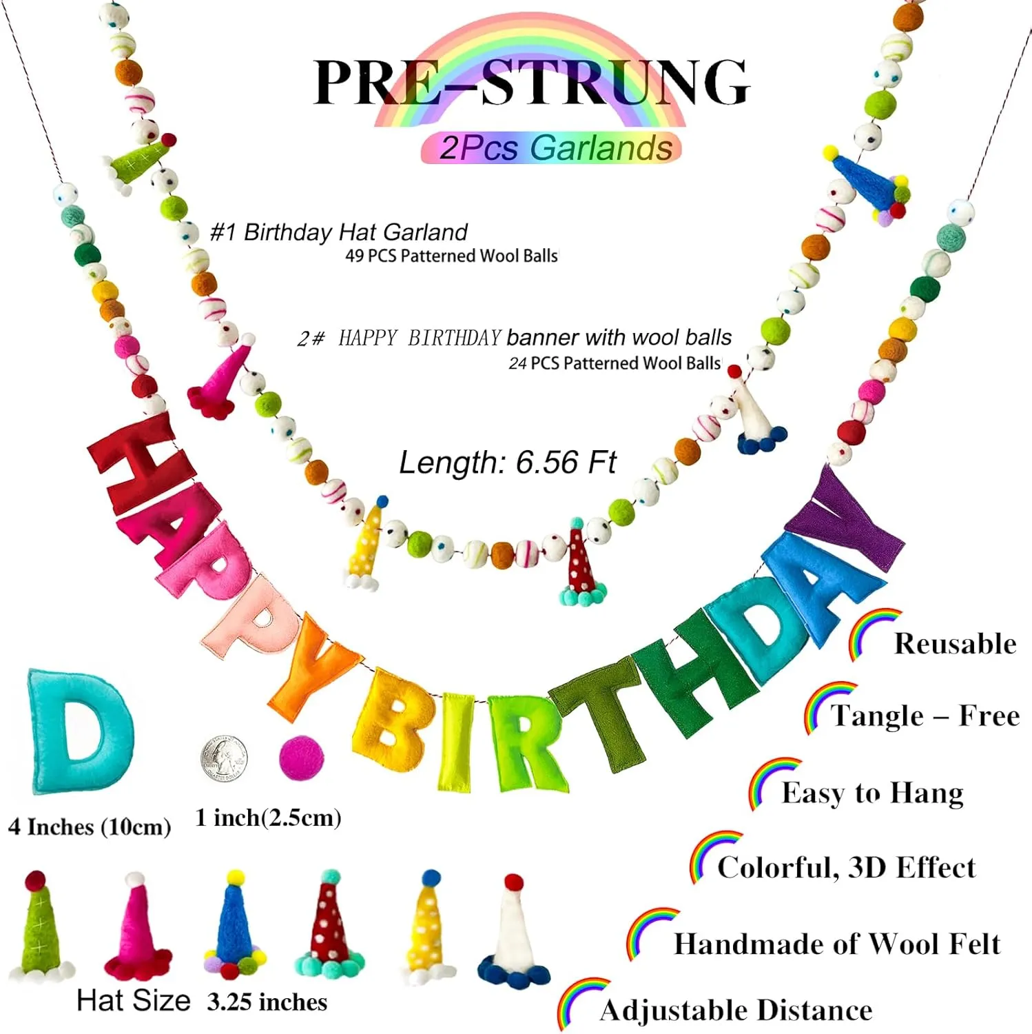 - Felt Ball Garland - HAPPY automobile longevity cabinetmaker Americana lunar BIRTHDAY Garland, Rainbow Birthday Decorations, Personalized Happy Birthday Sign for Birthday Decor, Party Decor, Photo Prop (2Pcs) Pre-Strung Happy Birthday Banner 