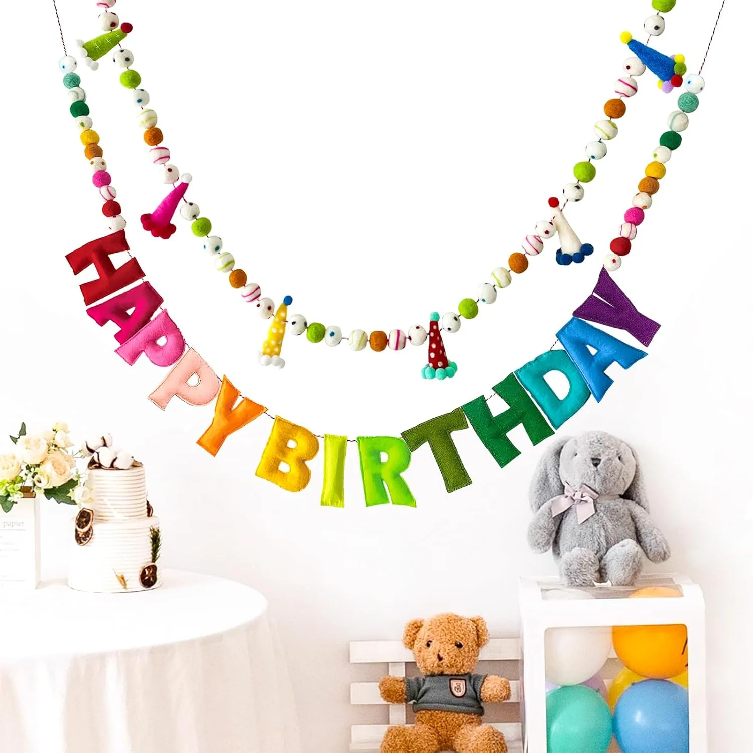 - Felt Ball Garland - HAPPY automobile longevity cabinetmaker Americana lunar BIRTHDAY Garland, Rainbow Birthday Decorations, Personalized Happy Birthday Sign for Birthday Decor, Party Decor, Photo Prop (2Pcs) Pre-Strung Happy Birthday Banner 