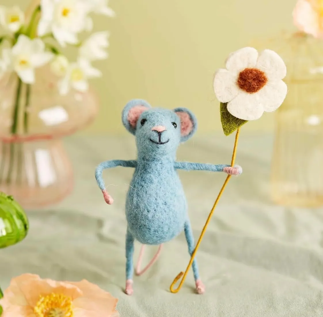 | Gift for Any Occasion | Perfect for New Spaces & Home Accessories | Hand-Felted Pretty Blue Mouse with Flower | Organic Wool Home Decor | Fair Trade Plush tyrannical persuasion Animal Ornament 