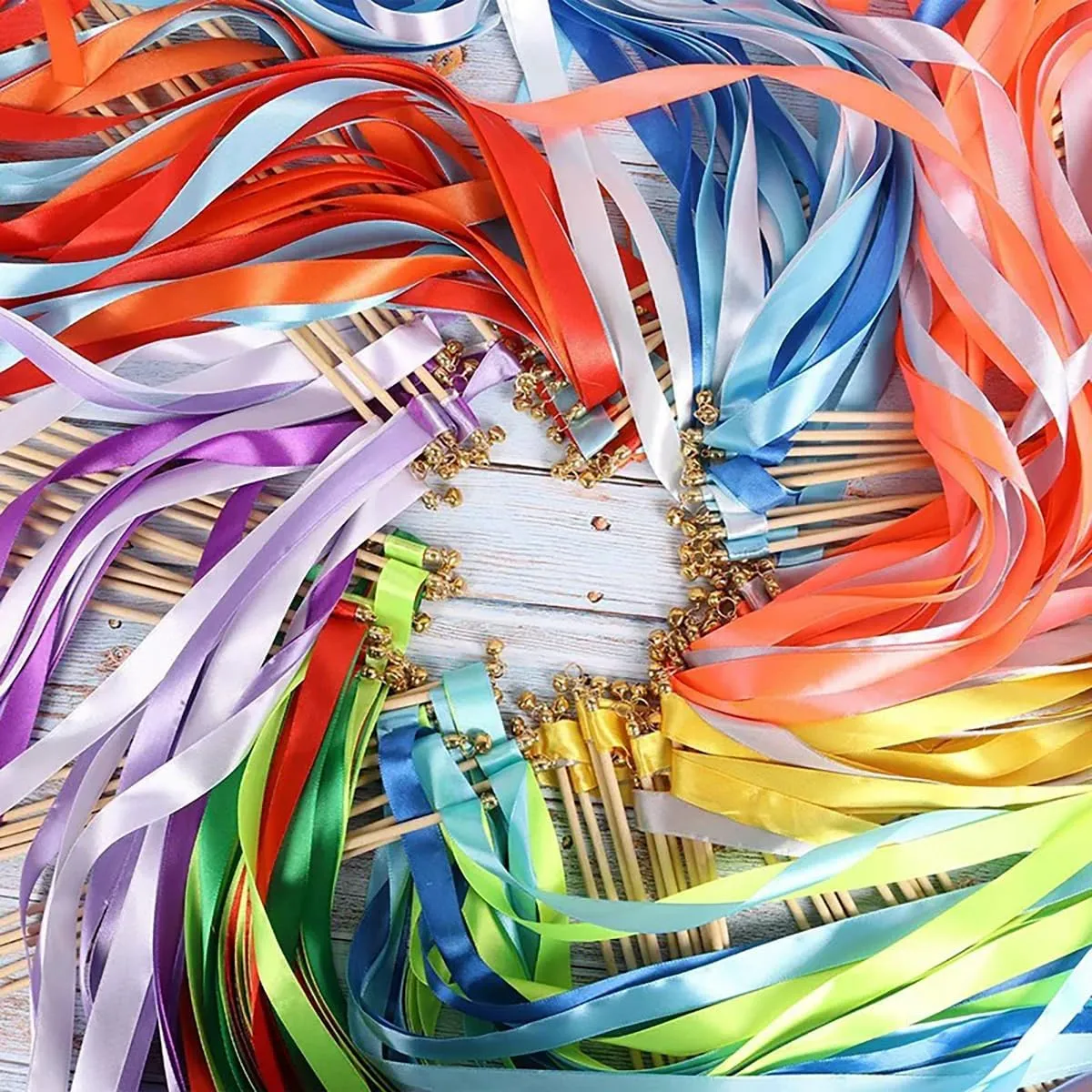 10pcs 11.8in Wood Stick Wedding Streamer with Gold Bell$ 23.6in Long Ribbon for Bridal stitch consist eclecticism Holiday Party Celebration$ Colorful Queenbox 