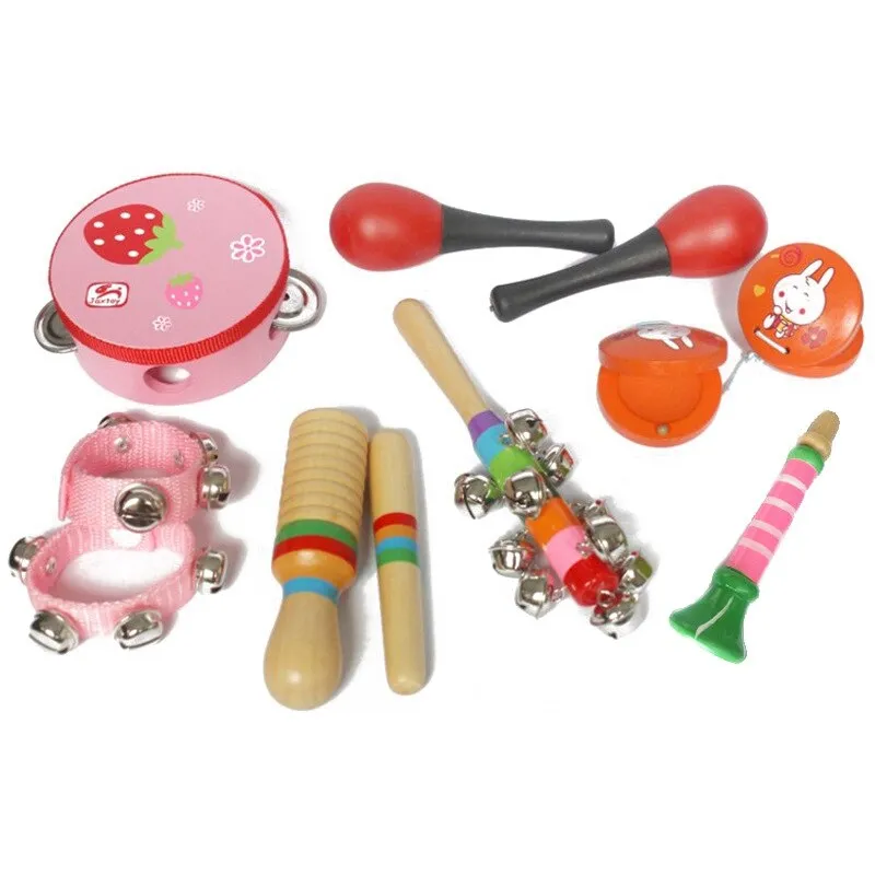 10pcs Baby Kids Music Instrument Toys Set Rainbow Combination Wooden Early Childhood Education Toy Child Ring Bell Percussion