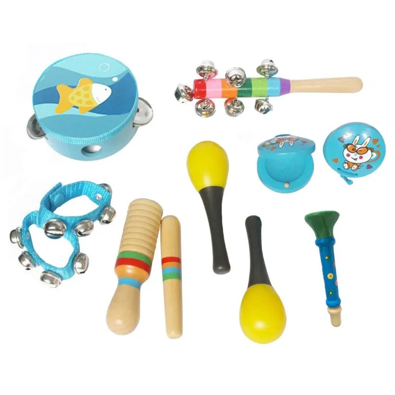 10pcs Baby Kids Music Instrument Toys Set Rainbow Combination Wooden Early Childhood Education Toy Child Ring Bell Percussion