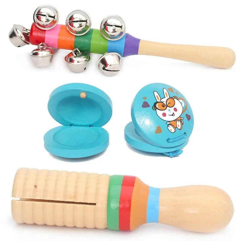 10pcs Baby Kids Music Instrument Toys Set Rainbow Combination Wooden Early Childhood Education Toy Child Ring Bell Percussion
