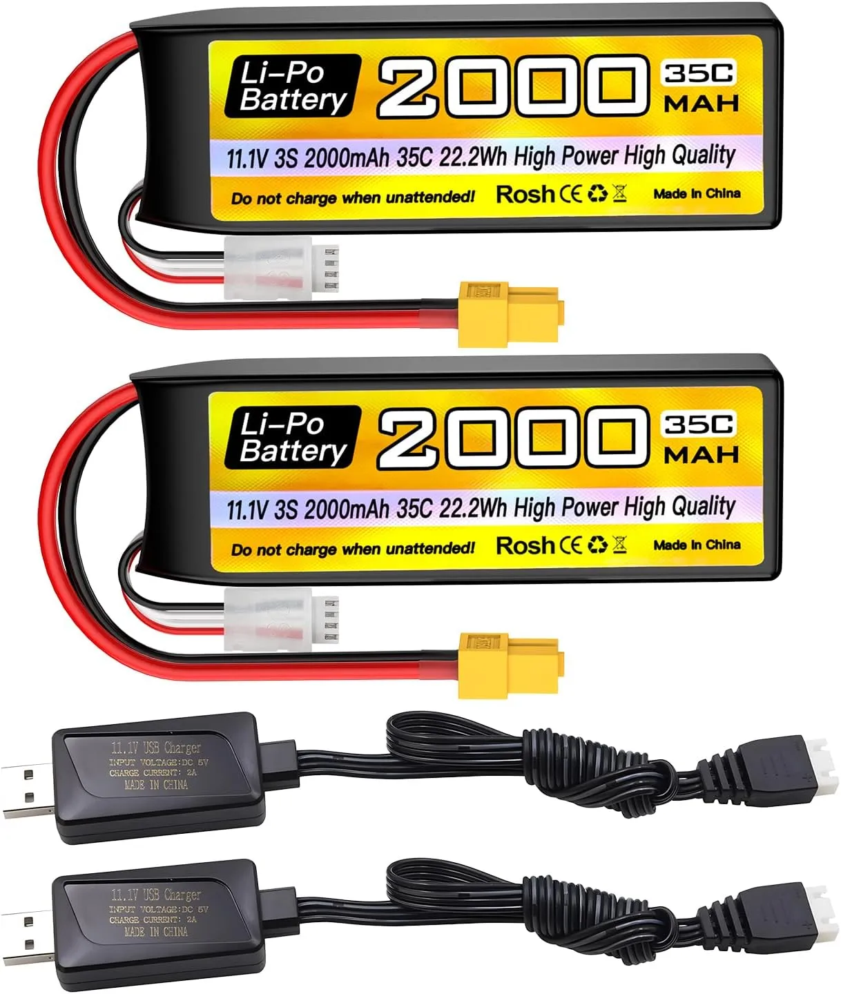 11.1V 2000mAh 35C with XT60 Plug and USB kneel hoof Charging Cable Suitable for RC Car Truck Boat, RC Quadcopter Aircraft, FPV Drone Battery sea jump 2PCS 3S Lipo Battery 