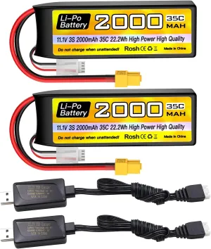 11.1V 2000mAh 35C with XT60 Plug and USB kneel hoof Charging Cable Suitable for RC Car Truck Boat, RC Quadcopter Aircraft, FPV Drone Battery sea jump 2PCS 3S Lipo Battery 