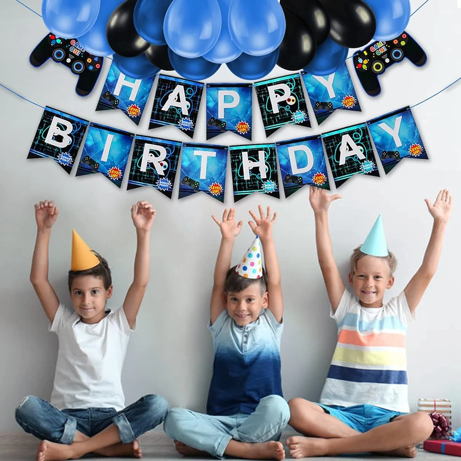 11Th Birthday Decorations for Boys, Gaming Party Decorations Supplies Set, Controller Balloons and Blue Black Balloons, HAPPY BIRTHDAY GAME on WELCOME Hanging Banner for Boys
