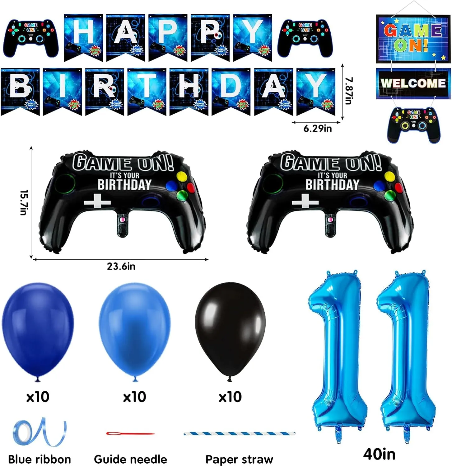 11Th Birthday Decorations for Boys, Gaming Party Decorations Supplies Set, Controller Balloons and Blue Black Balloons, HAPPY BIRTHDAY GAME on WELCOME Hanging Banner for Boys