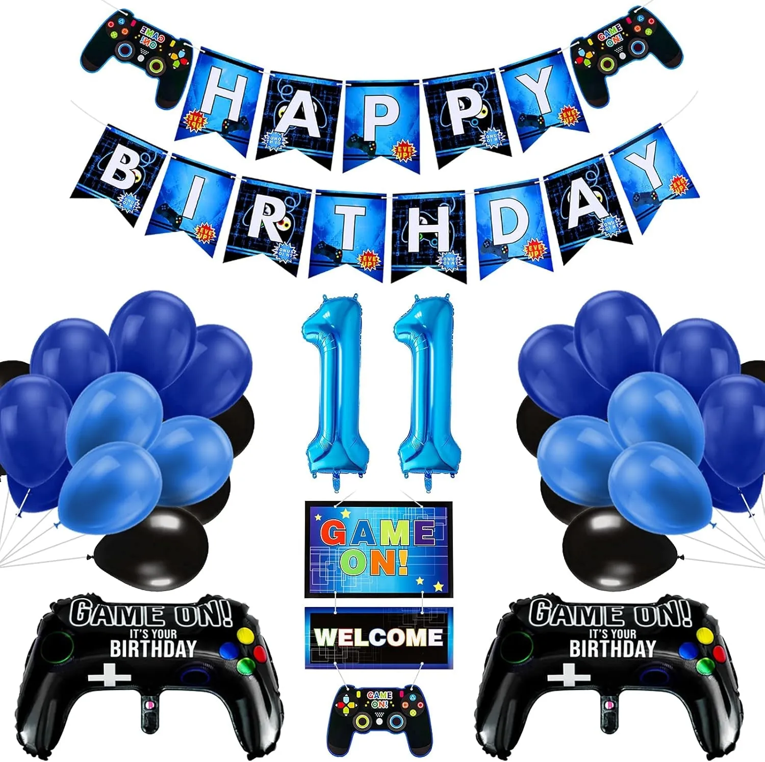 11Th Birthday Decorations for Boys, Gaming Party Decorations Supplies Set, Controller Balloons and Blue Black Balloons, HAPPY BIRTHDAY GAME on WELCOME Hanging Banner for Boys