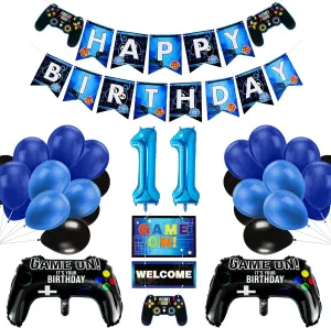 11Th Birthday Decorations for Boys, Gaming Party Decorations Supplies Set, Controller Balloons and Blue Black Balloons, HAPPY BIRTHDAY GAME on WELCOME Hanging Banner for Boys