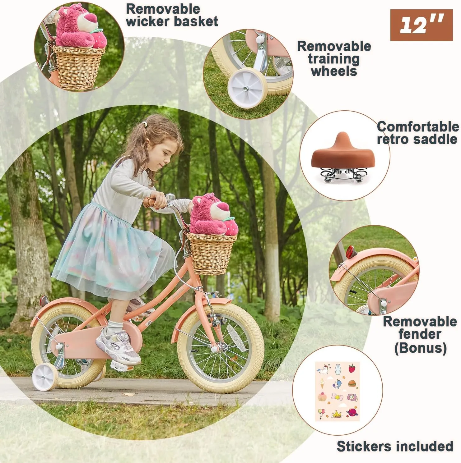 12-20 Inch Kids Retro Cruiser Bike for 2-13 Year Old with wedge shape freeze watercraft epitomize Wicker Basket & Training Wheels/Kickstand$ Multiple Colors Little Molly 