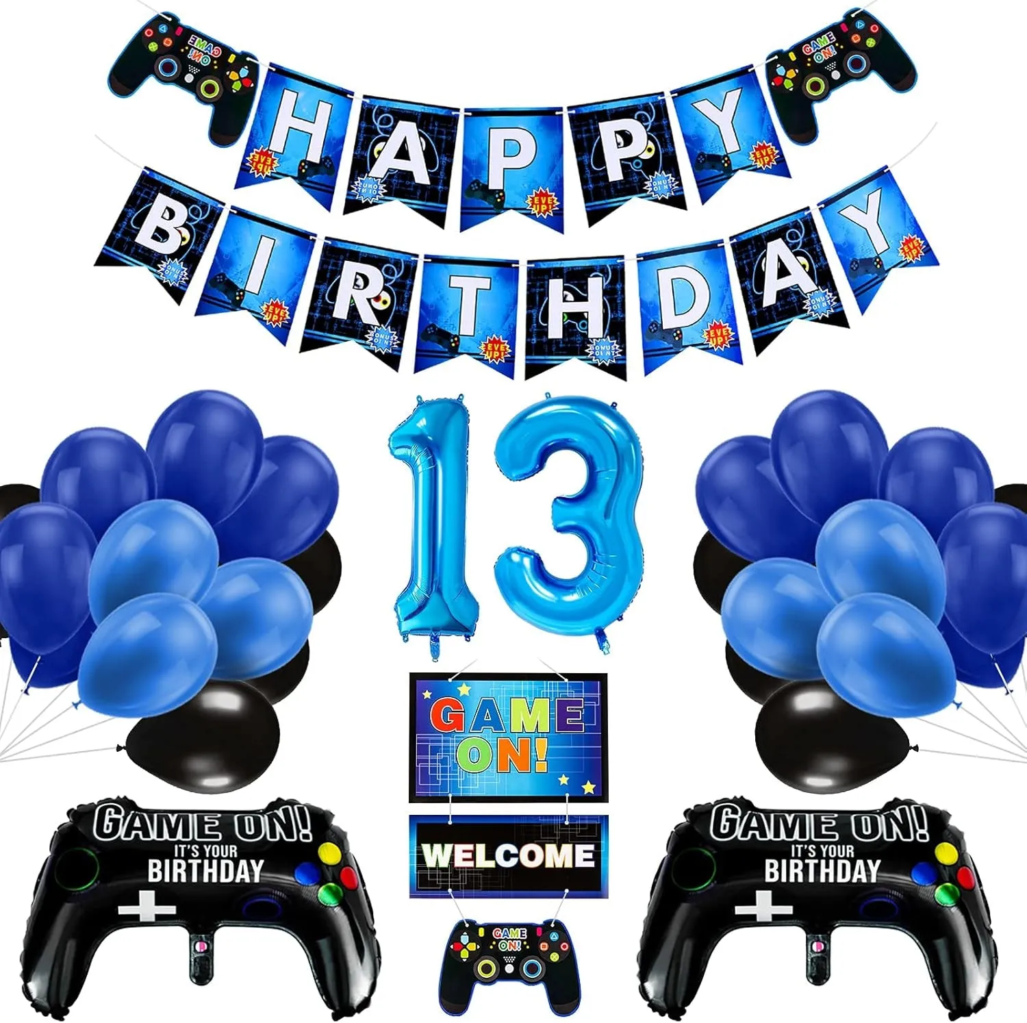13Th Birthday Decorations for Boys, Gaming Party Decorations Supplies Set, Controller Balloons and Blue Black Balloons, HAPPY BIRTHDAY GAME on WELCOME Hanging Banner for Boys
