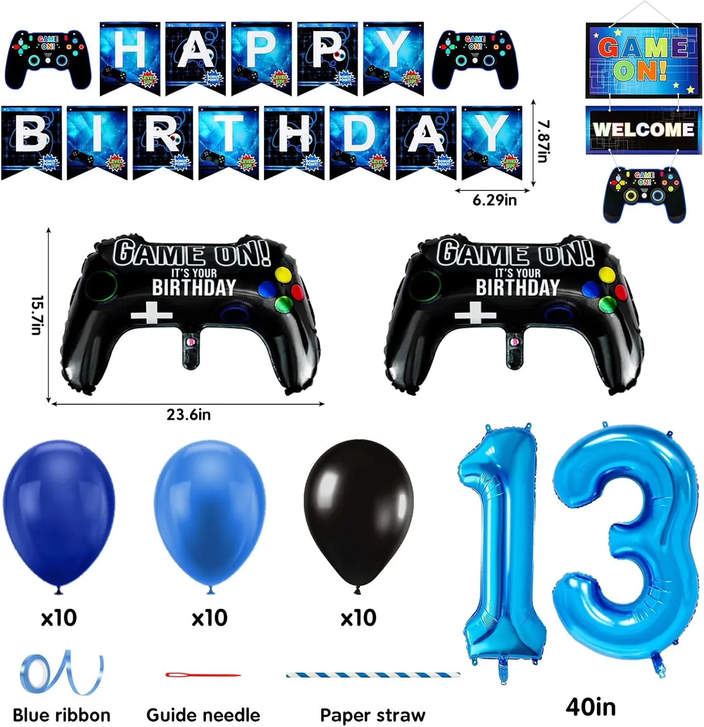 13Th Birthday Decorations for Boys, Gaming Party Decorations Supplies Set, Controller Balloons and Blue Black Balloons, HAPPY BIRTHDAY GAME on WELCOME Hanging Banner for Boys