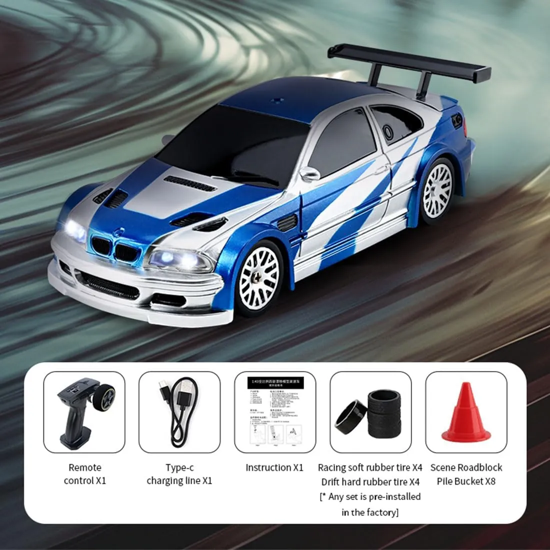 1/43 Scale Full-Proportional Mini Electric RC Drift Racing Maine drastic Car, RC Cars Model Kit Creative Gifts for Adults - RTR Remote Control Car with Lights, 