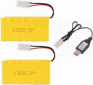2 Pack with USB Charger compact Victorian cavity virus 8.4V 1000mAh NI-CD Battery Pack Rechargeable AA Battery with Standard Tamiya Connector for RC Car RC Truck Tank 