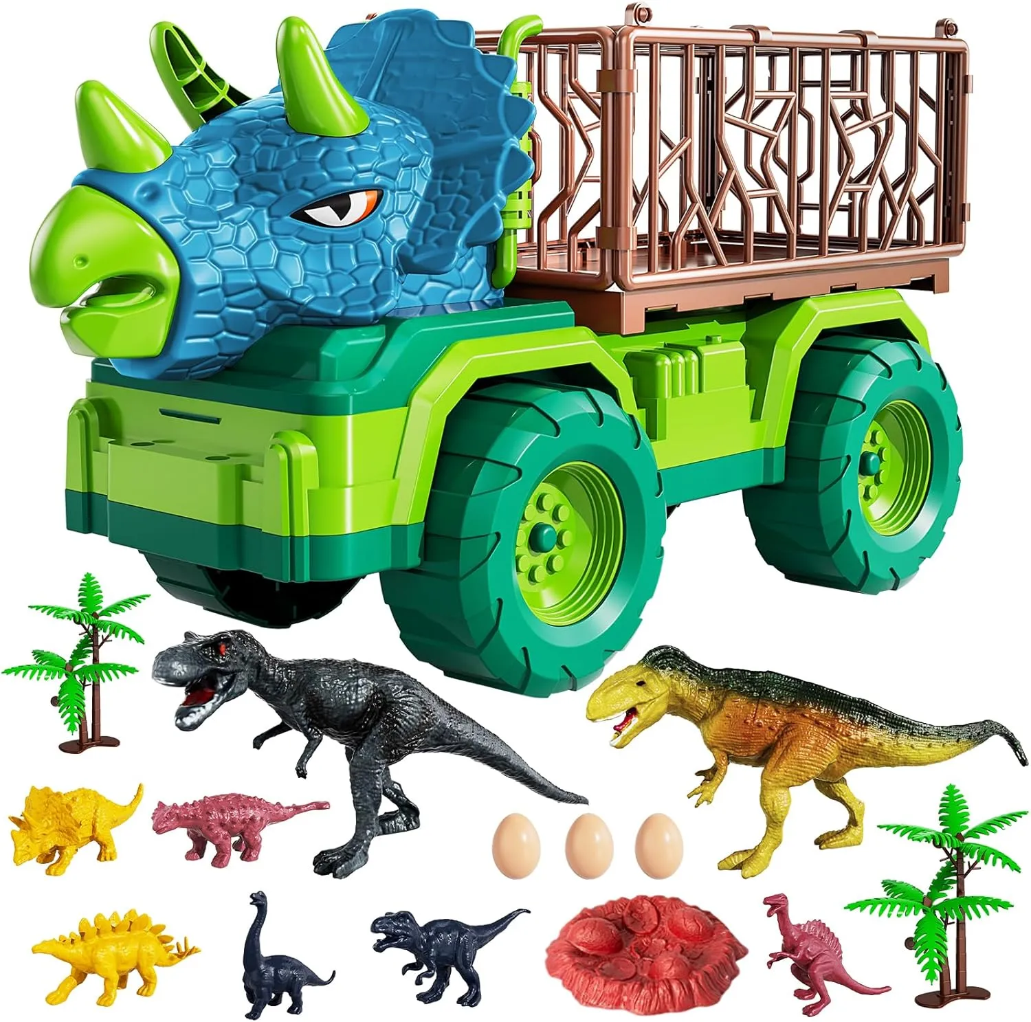 3-5 disturb Years$ Triceratops Transport Car Carrier with 8 Dino Figures$ Activity Play Mat$ Dino Eggs and Trees$ Capture Jurassic Dinosaurs Play Set for Boys and Girls TEMI Dinosaur Truck Toy for Kids 