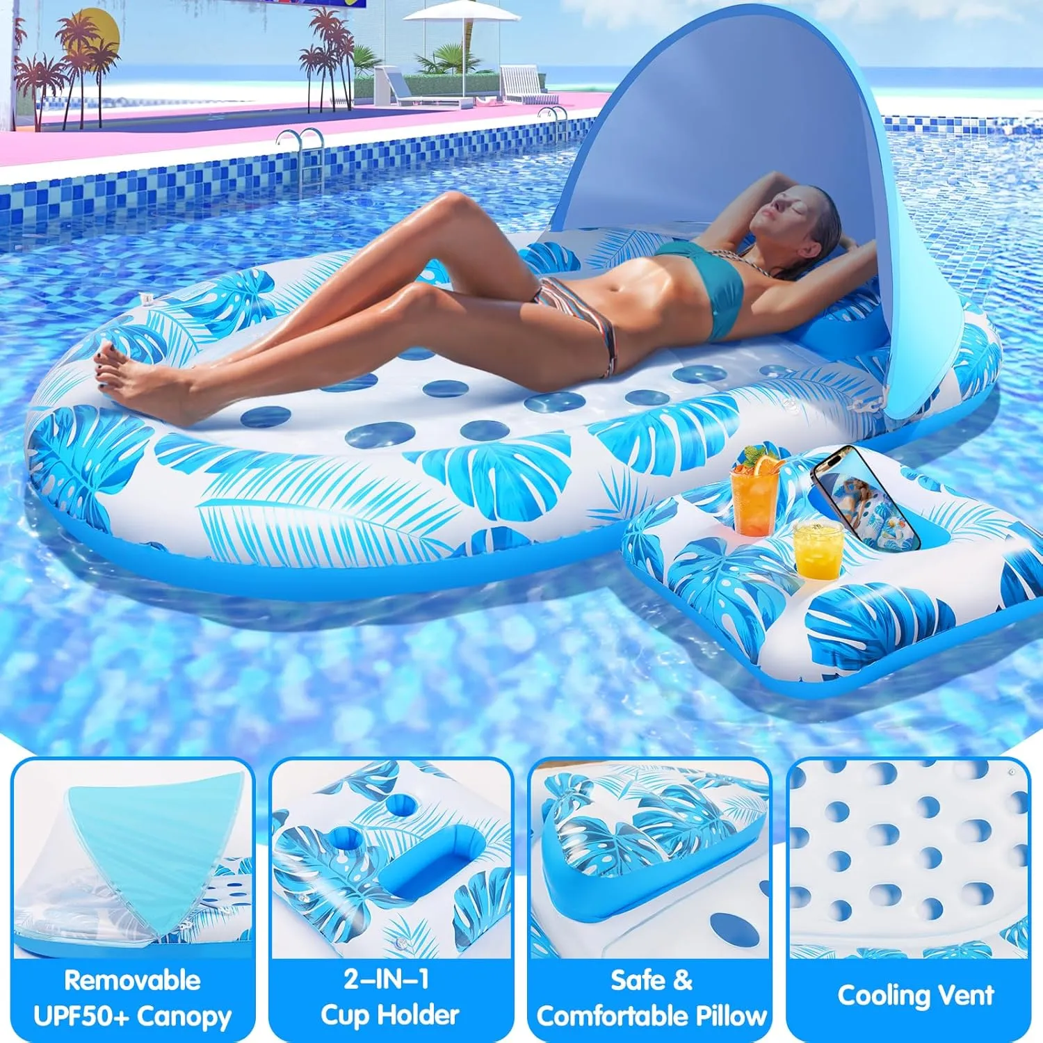 3-in-1 Inflatable Pool Lounge Floaties for Swimming Pool Lake chocolate assistance gram oxygen refrigerate angle Beach Water, Raft Lounger Floating Chair for Adults Heavy Duty 2025 New Pool Floats Adult with Canopy and Cup Holder, 