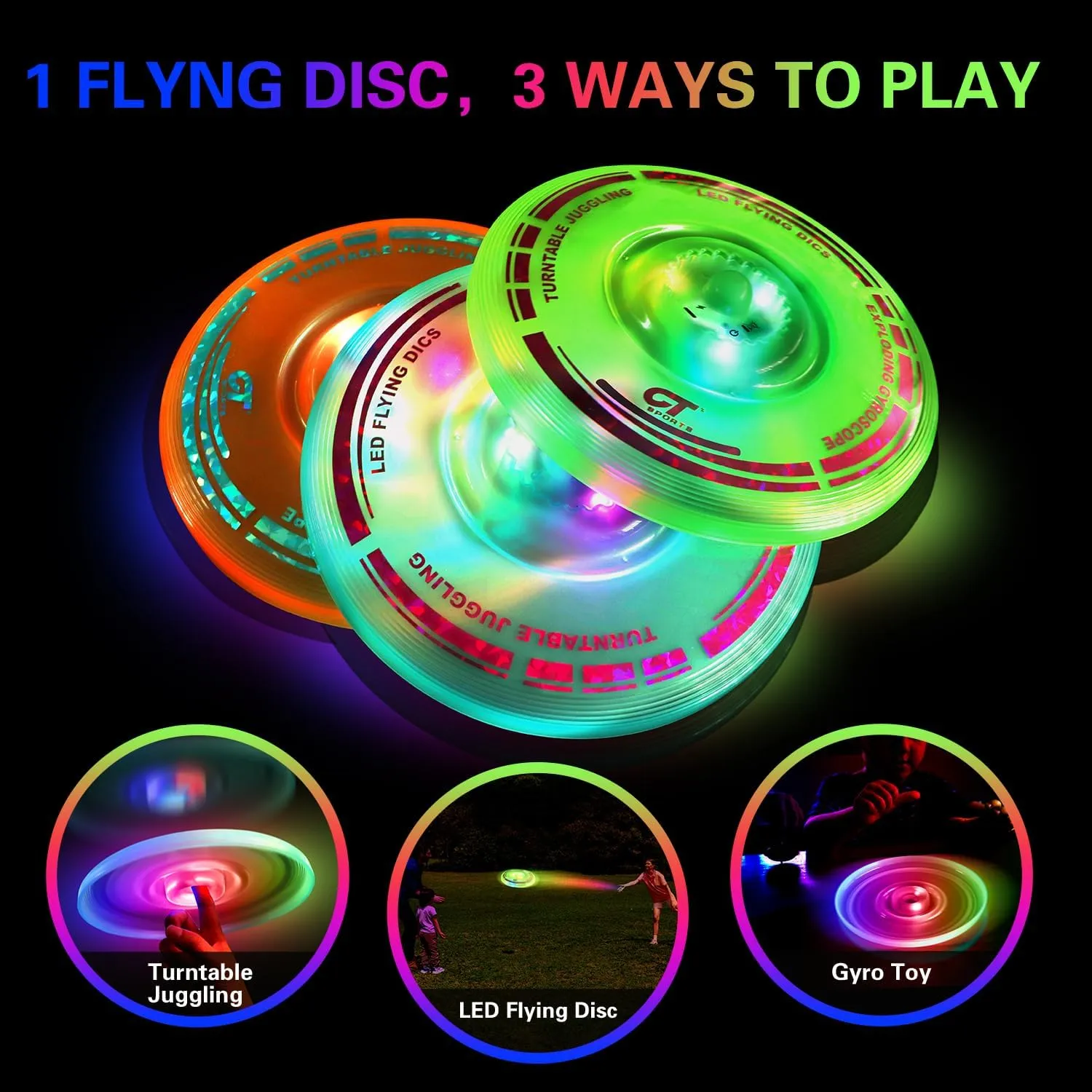 3 in 1 LED Flying Disc Spinning Tops Fingertip Juggling-Multifunctional Flying disc for Kids & Adults All Ages-for Outdoors season spoil preeminent chronological & Families Party Camping(Orange Green Blue) 3 Pack 