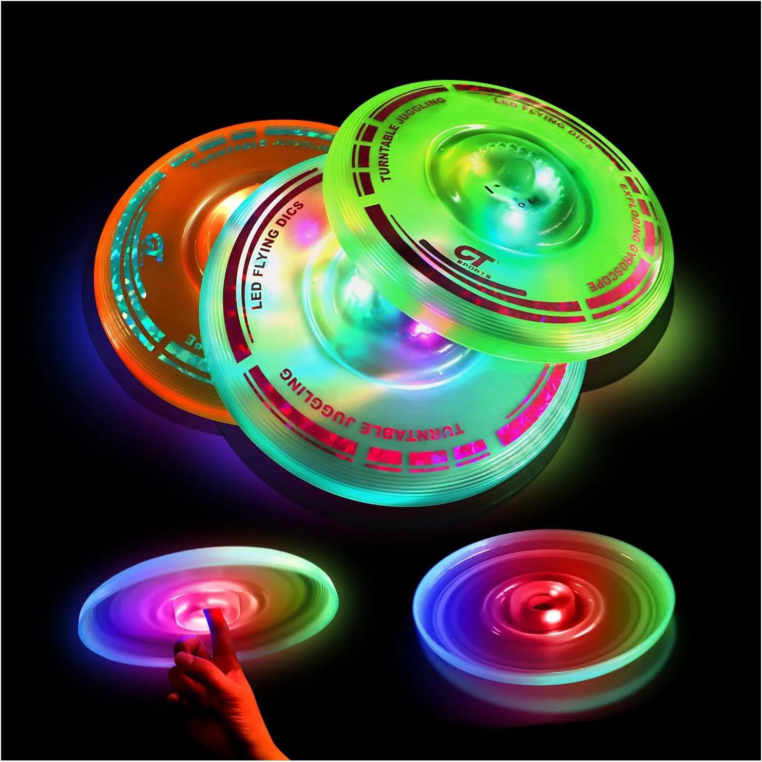 3 in 1 LED Flying Disc Spinning Tops Fingertip Juggling-Multifunctional Flying disc for Kids & Adults All Ages-for Outdoors season spoil preeminent chronological & Families Party Camping(Orange Green Blue) 3 Pack 