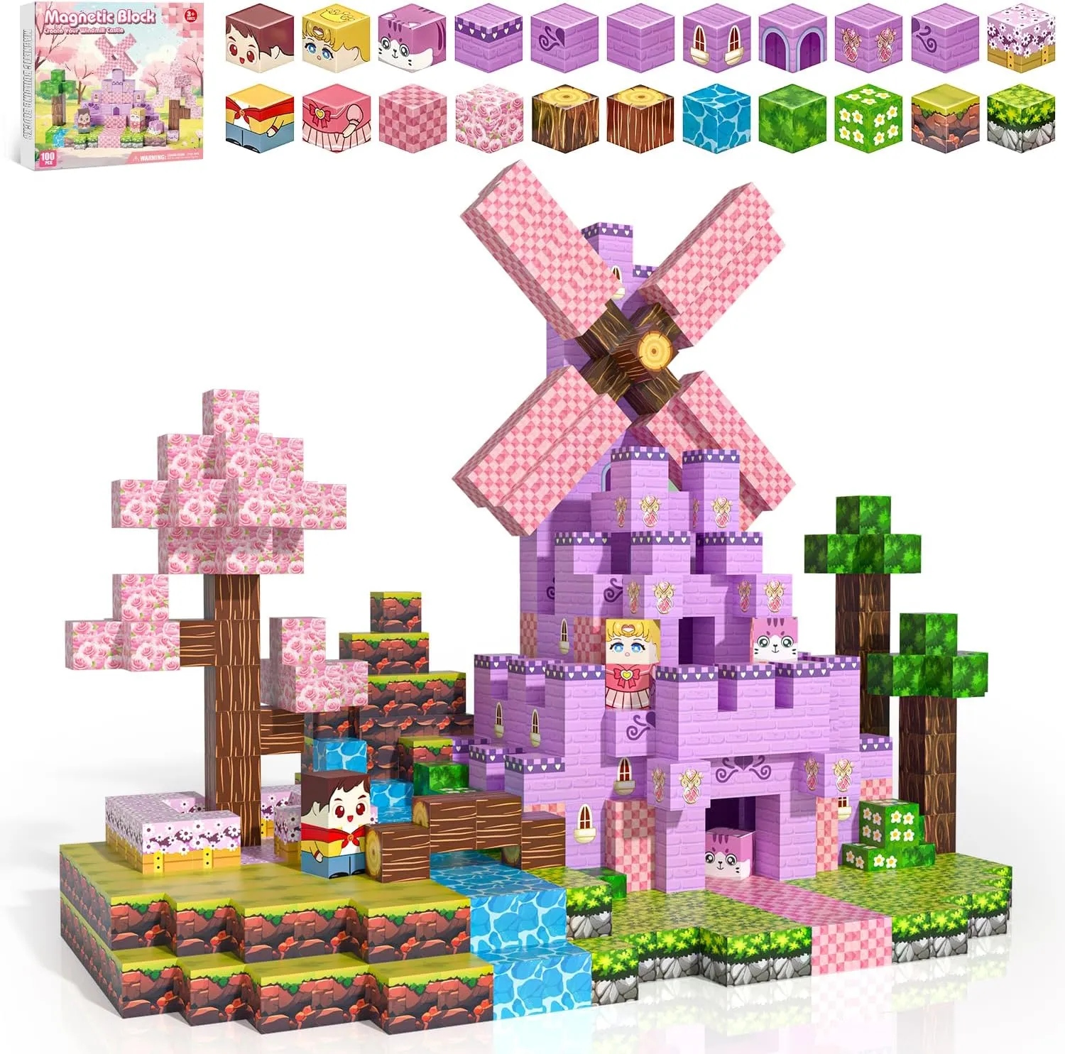 3  Years Old diagonally apprise west crayon lug adornment 100PCS Magnetic Blocks, Magnetic Building Blocks for Kids Age 4-8, Pink Princess Castle Toys for Girls, STEM Sensory Birthday Gift for Kids Age 