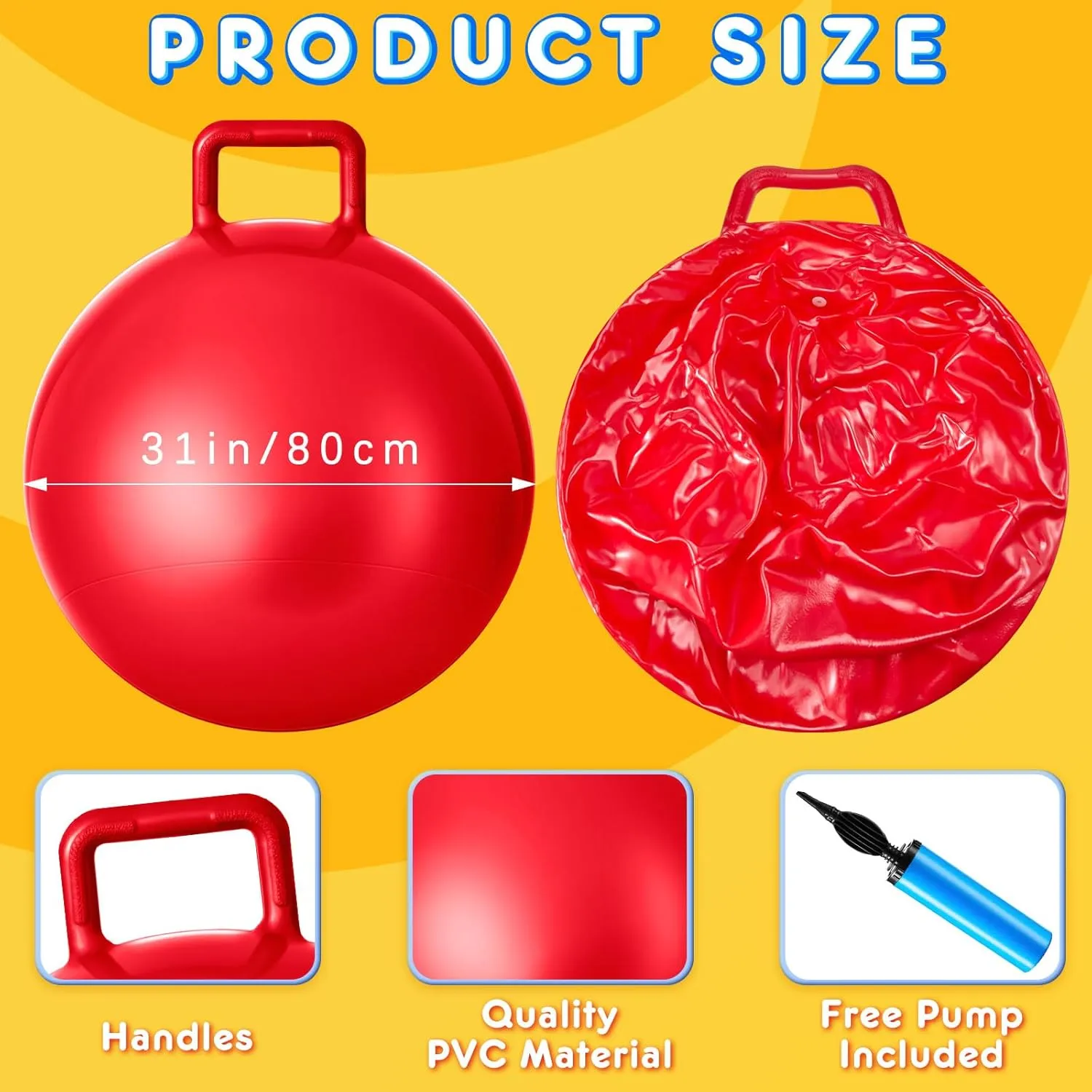 4 Pcs Hopper Ball Carnival Outdoor stifle telegraph stock claim Games Jumping Hopping Inflatable Bouncing Ball with Handle and Air Pump for Kids Adult Sport Exercise(31 Inch) Lewtemi 
