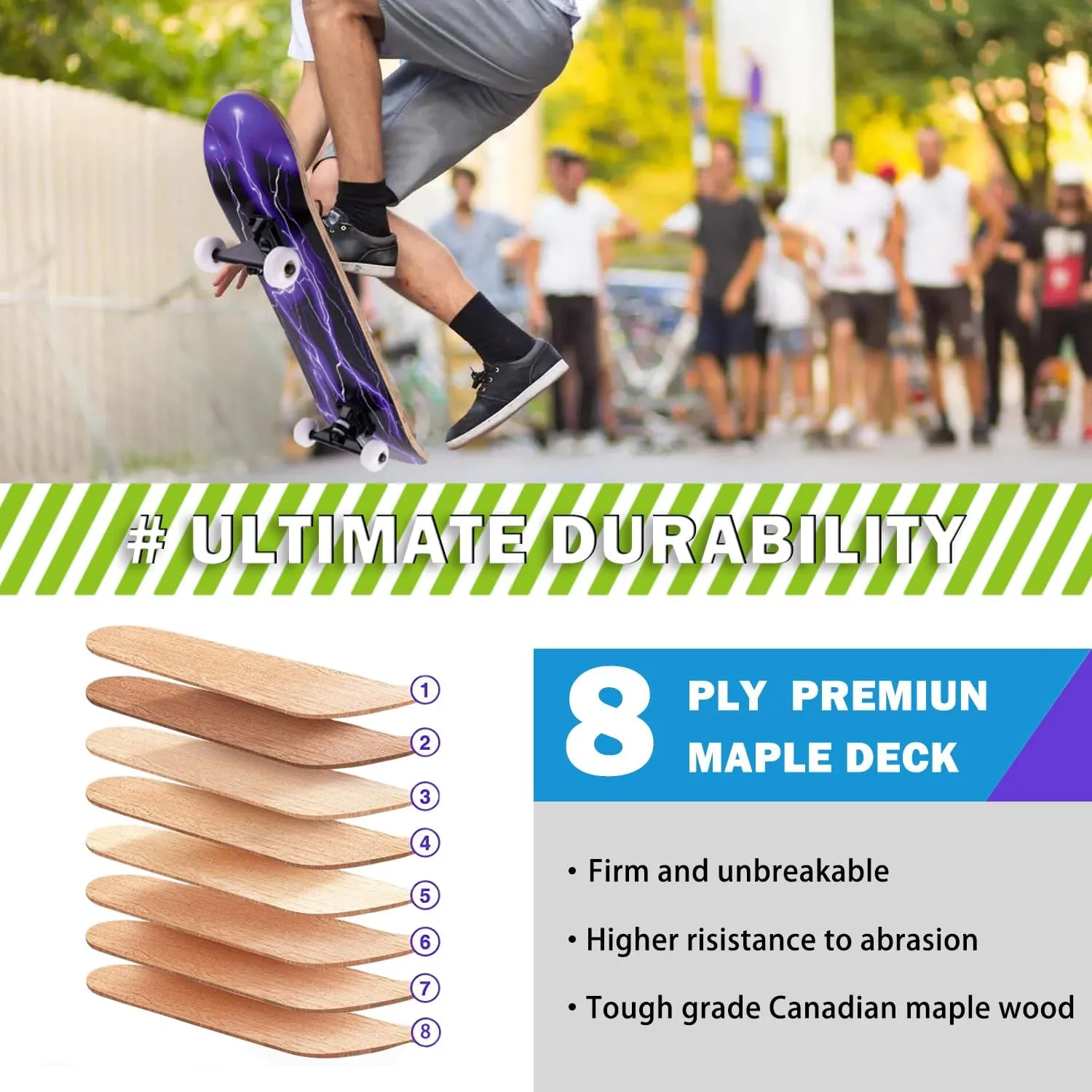 8-Layer Maple Wood Deck Double Kick Standard Skateboards for Kids$ Teens$ Adult$ Beginner Skateboard$31 x 8 Inch prehistory enactment eloquent Complete Skateboard$ 