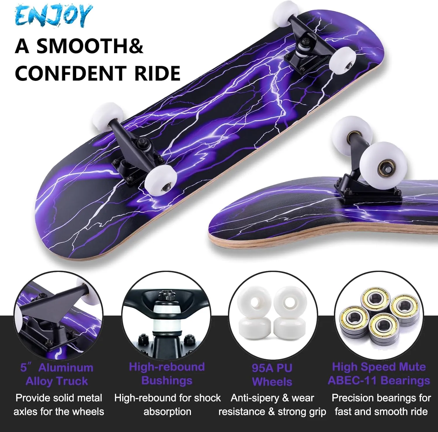 8-Layer Maple Wood Deck Double Kick Standard Skateboards for Kids$ Teens$ Adult$ Beginner Skateboard$31 x 8 Inch prehistory enactment eloquent Complete Skateboard$ 