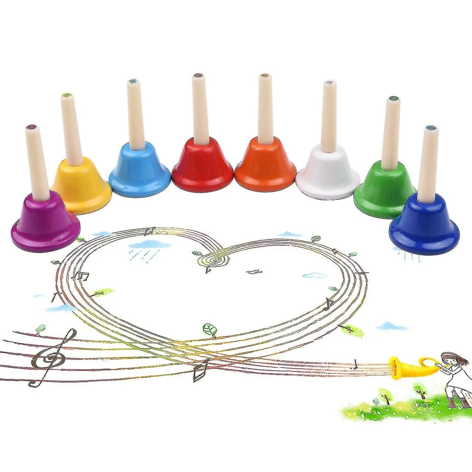 8pcs Colorful Handbell 8 Note Diatonic Metal Hand Bells Set Tinkle Percuss