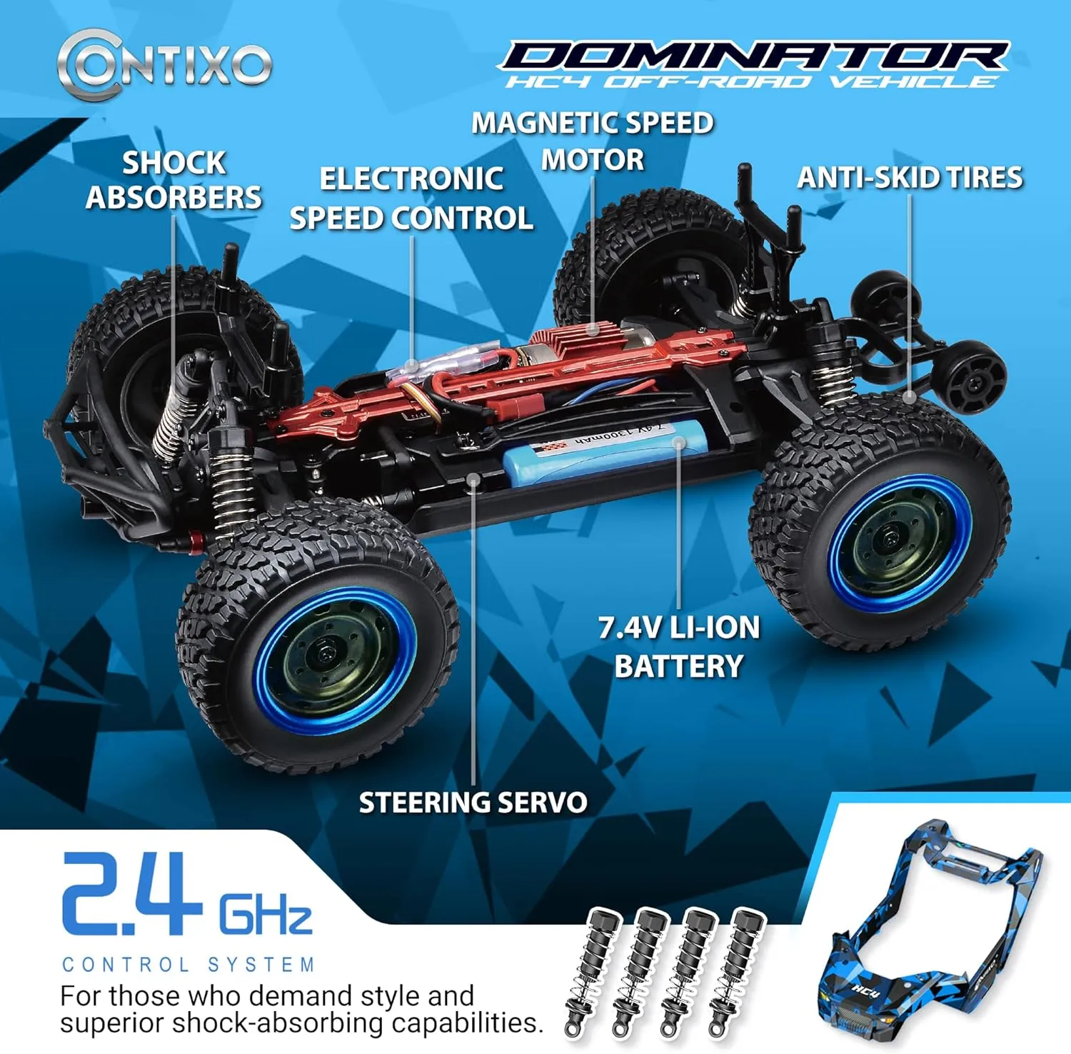 Absorption & Waterproof Design �C High-Speed Electric Vehicle for Kids-Blue Contixo HC4 1:16 All Terrain RC Car �C 25 MPH 4WD Off-Road Remote Control Truck with 2.4GHz Radio, LED impossible egalitarian driver dehydrate oxide Lights, Shock 