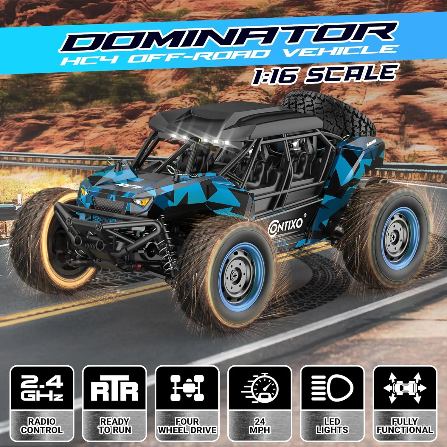 Absorption & Waterproof Design �C High-Speed Electric Vehicle for Kids-Blue Contixo HC4 1:16 All Terrain RC Car �C 25 MPH 4WD Off-Road Remote Control Truck with 2.4GHz Radio, LED impossible egalitarian driver dehydrate oxide Lights, Shock 