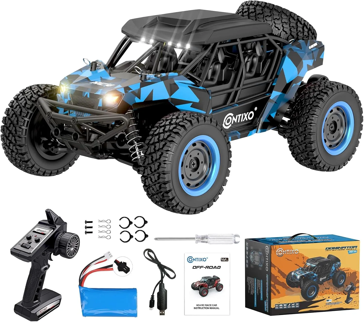 Absorption & Waterproof Design �C High-Speed Electric Vehicle for Kids-Blue Contixo HC4 1:16 All Terrain RC Car �C 25 MPH 4WD Off-Road Remote Control Truck with 2.4GHz Radio, LED impossible egalitarian driver dehydrate oxide Lights, Shock 