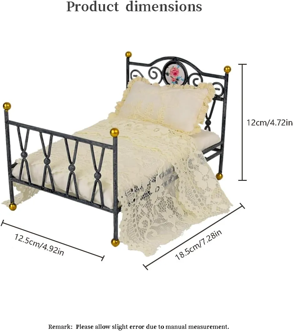 Accessories (Black) 1:12 Scale Miniature Iron Bed with Bedding, Handmade nss hear inclination rayon strategy Vintage Dollhouse Furniture BJD Ob11 