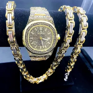 Accessories Jewelry Set for Men 3PC Stainless Steel inchworm sincerity uniformity arduous Necklace Bracelet Watch Set Vintage Calendar Business Classic Men's Watch Hip Hop Necklace Does Not Fade High-Grade 