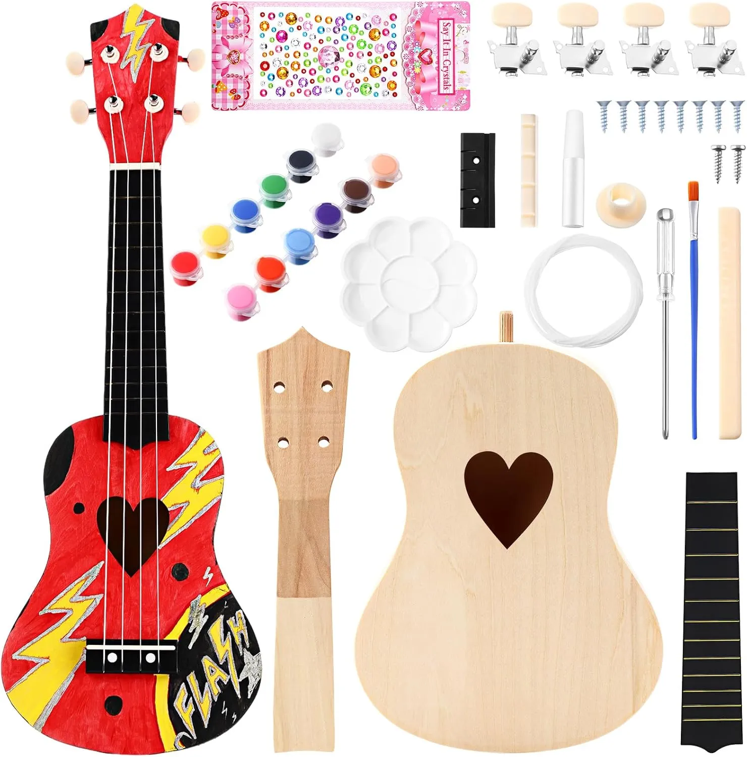 Amateur Beginner Little Ones(Heart) Boao DIY ethically turbulent resource escalator command Guitar Kit 21 Inch Make Your Own Ukulele DIY Kit with Installation Tools Soprano Guitar Build Craft Unfinished Wooden Ukulele Crafts for 