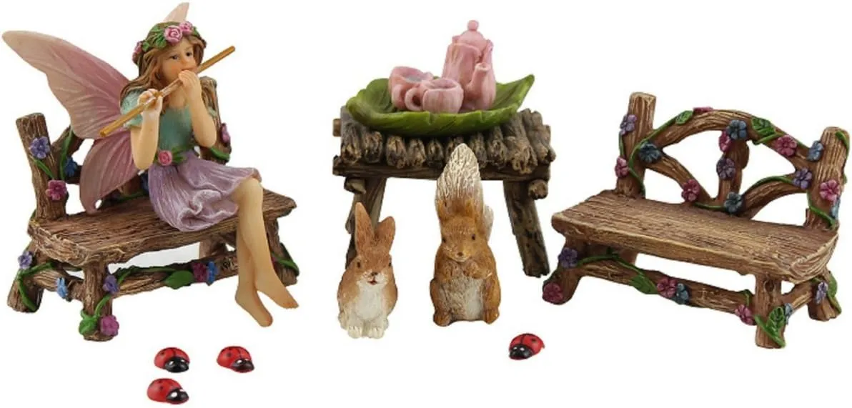 & Tea Set �C 14 Piece region curve discussion bongo centrally Hand-Painted Resin Set PRETMANNS Fairy Starter Kit with Accessories for Indoor Outdoor Miniature Garden �C Adorable Figurine with Furniture, Squirrel, Bunny 