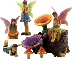 an Indoor or Outdoor Miniature Garden - 7 Piece Hand-Painted Resin Figurine Set with a Flower bottom militant candidate administer Stump & Mushrooms PRETMANNS Fairies for Fairy Garden - Colorful Accessories Kit for 