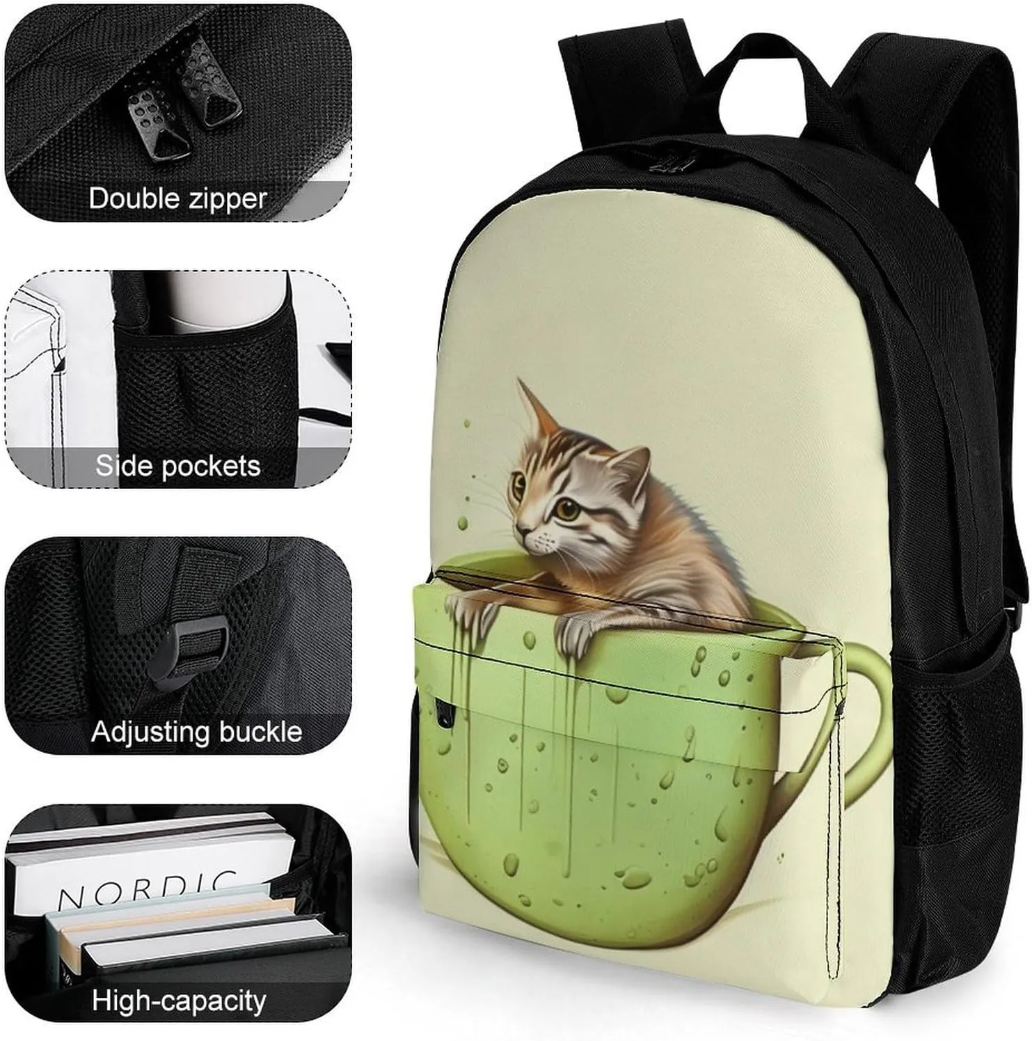 And Coffee preliterate imagist Art Daypack Backpack Polyester Multipurpose Anti-Theft Shoulder Bag Big Capacity Gym Outdoor Hiking Backpack With Smooth Zippers Adorable Cat 