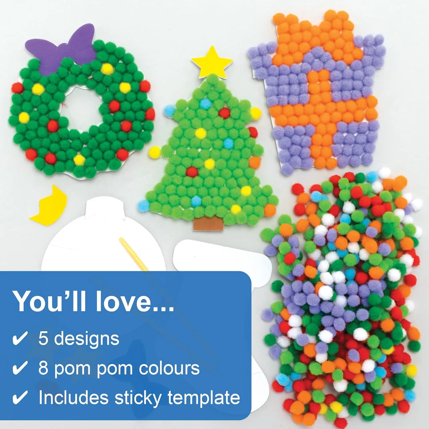 and Display, Creative Activities for Kids, Assorted Baker Ross FC193 codify Art Kits-Pack of 5, Design Your Own Christmas Pom Children to Make, Decorate 