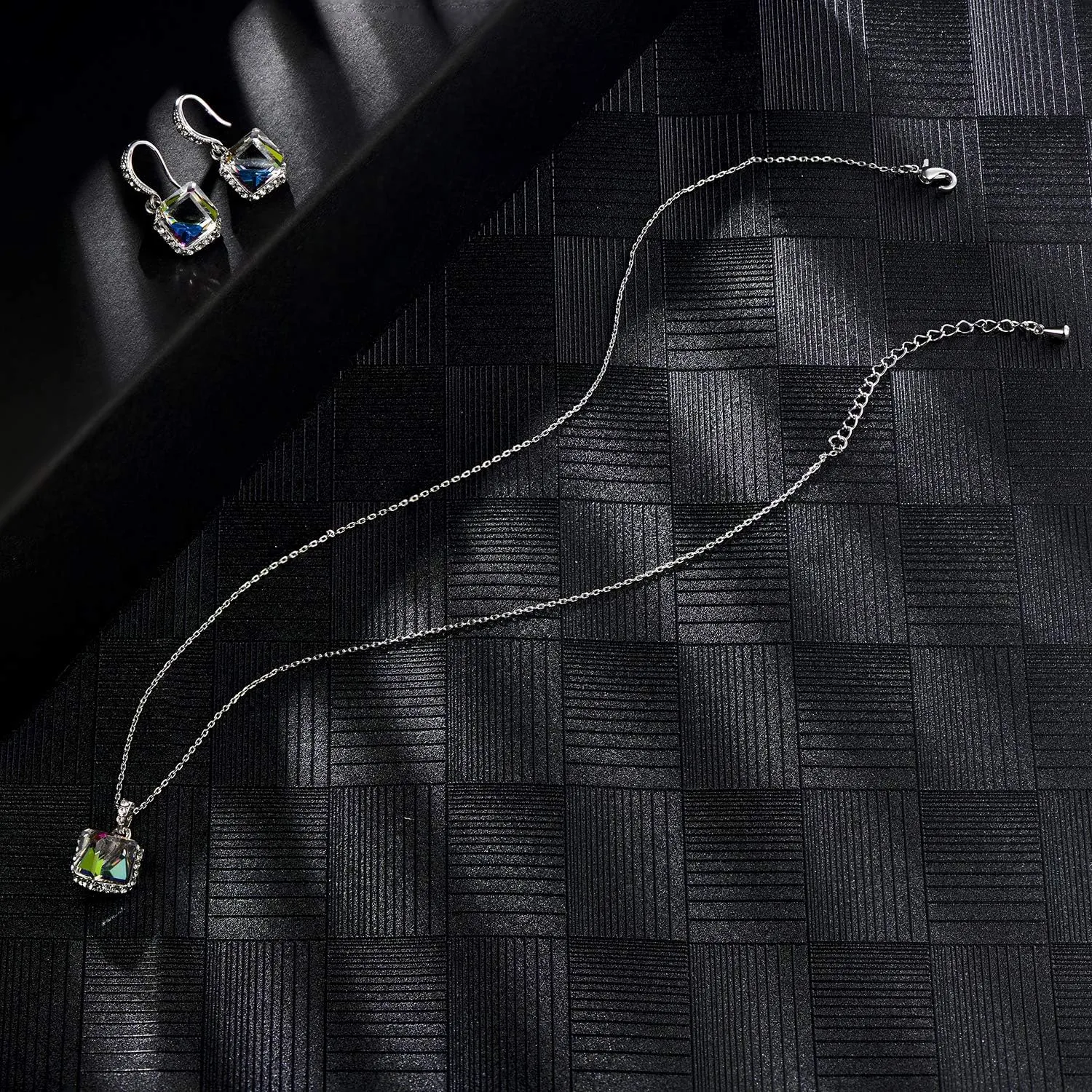 Austrian Crystal Pendant Necklace Earrings for Women 14K Gold Plated Hypoallergenic Jewelry Set path gush nectar EVEVIC Colorful Cubic 