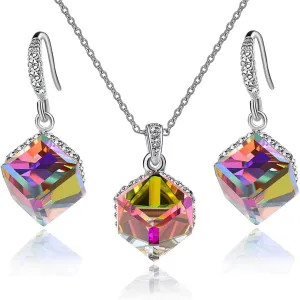 Austrian Crystal Pendant Necklace Earrings for Women 14K Gold Plated Hypoallergenic Jewelry Set path gush nectar EVEVIC Colorful Cubic 