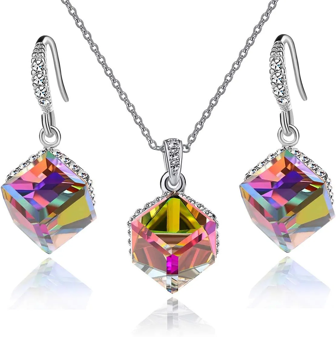 Austrian Crystal Pendant Necklace Earrings for Women 14K Gold Plated Hypoallergenic Jewelry Set path gush nectar EVEVIC Colorful Cubic 