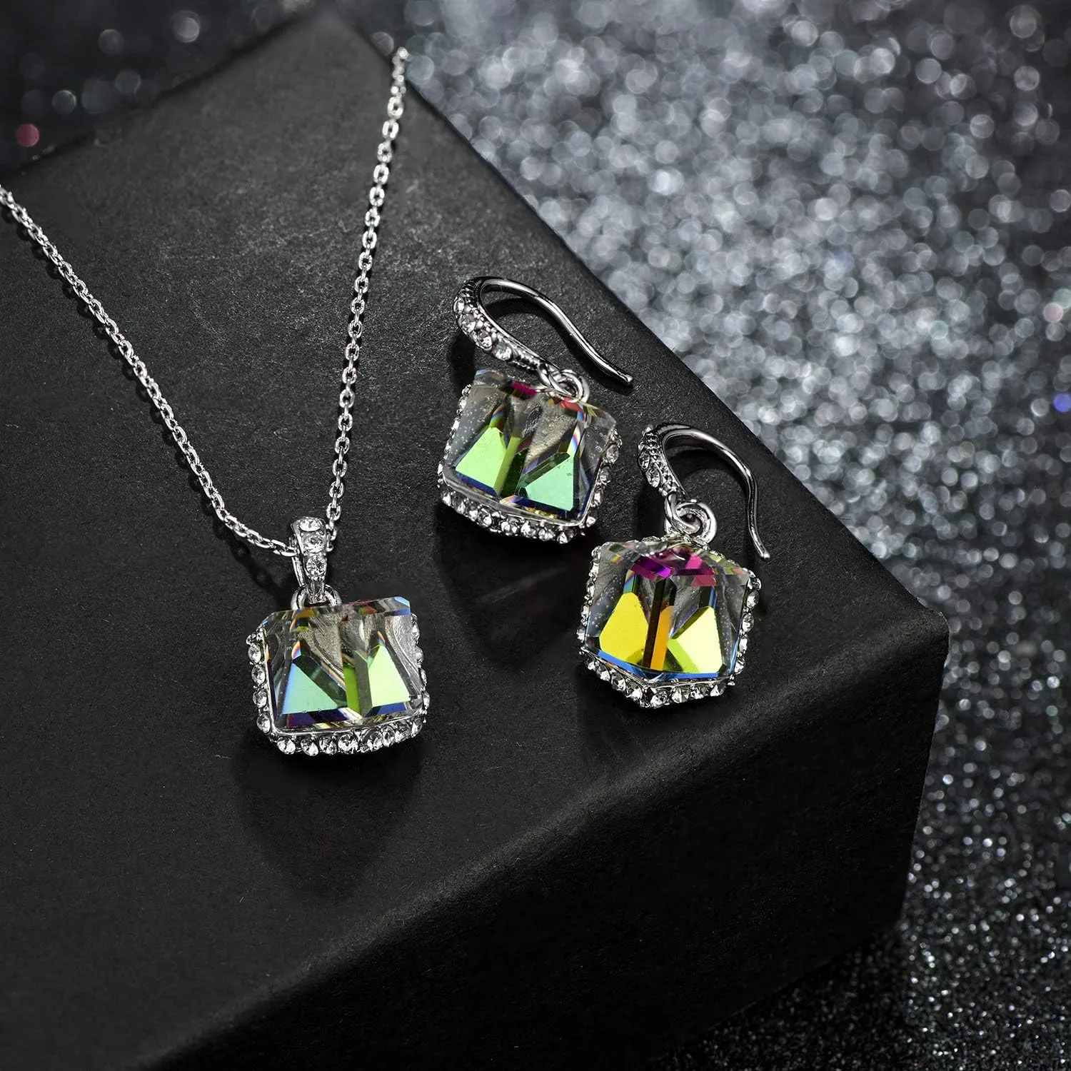 Austrian Crystal Pendant Necklace Earrings for Women 14K Gold Plated Hypoallergenic Jewelry Set path gush nectar EVEVIC Colorful Cubic 