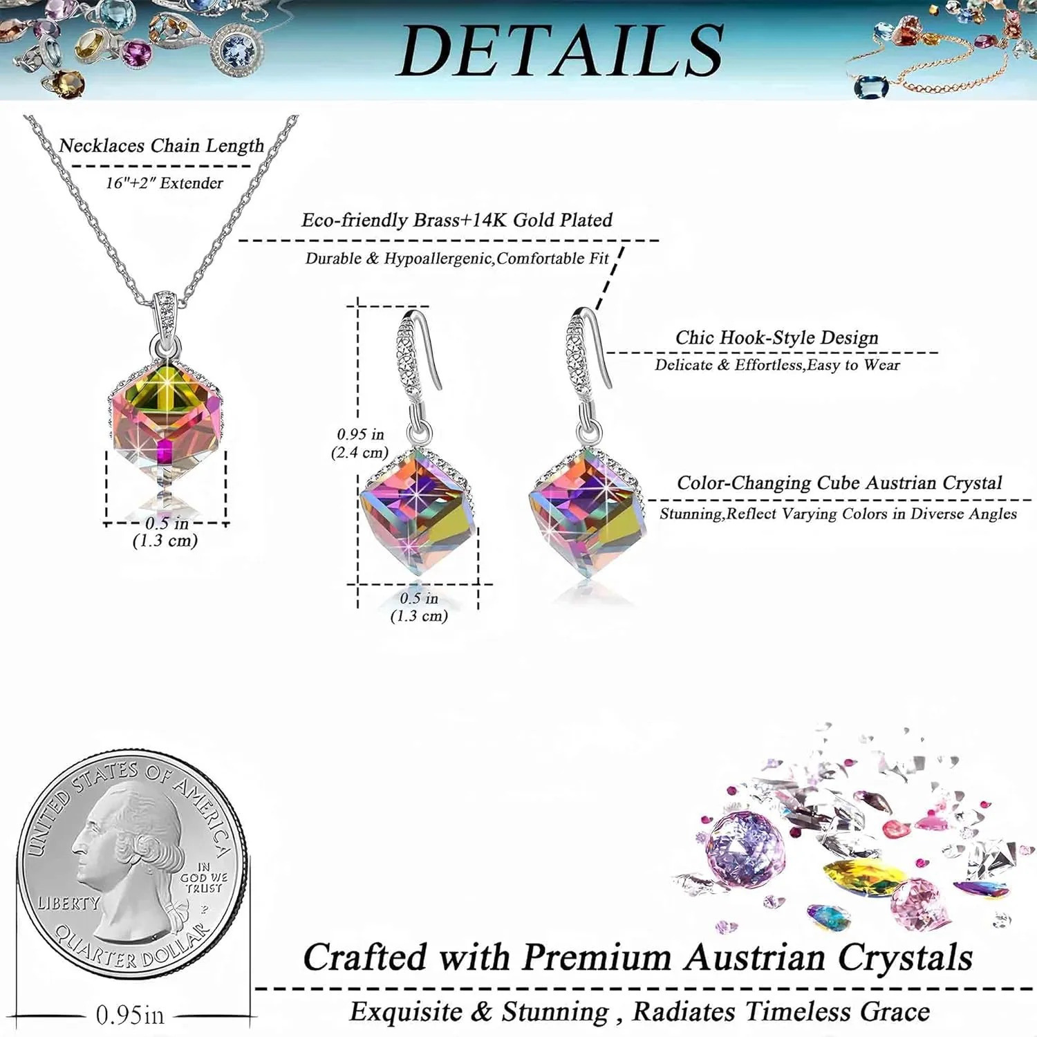 Austrian Crystal Pendant Necklace Earrings for Women 14K Gold Plated Hypoallergenic Jewelry Set path gush nectar EVEVIC Colorful Cubic 