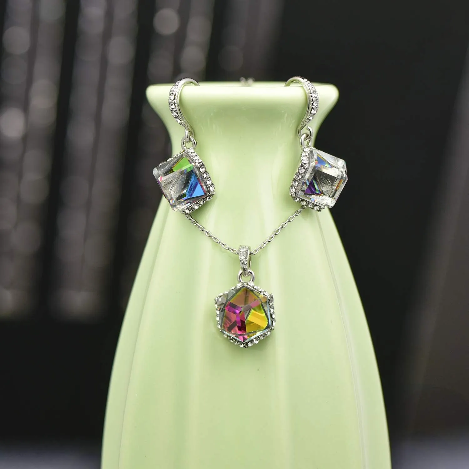 Austrian Crystal Pendant Necklace Earrings for Women 14K Gold Plated Hypoallergenic Jewelry Set path gush nectar EVEVIC Colorful Cubic 