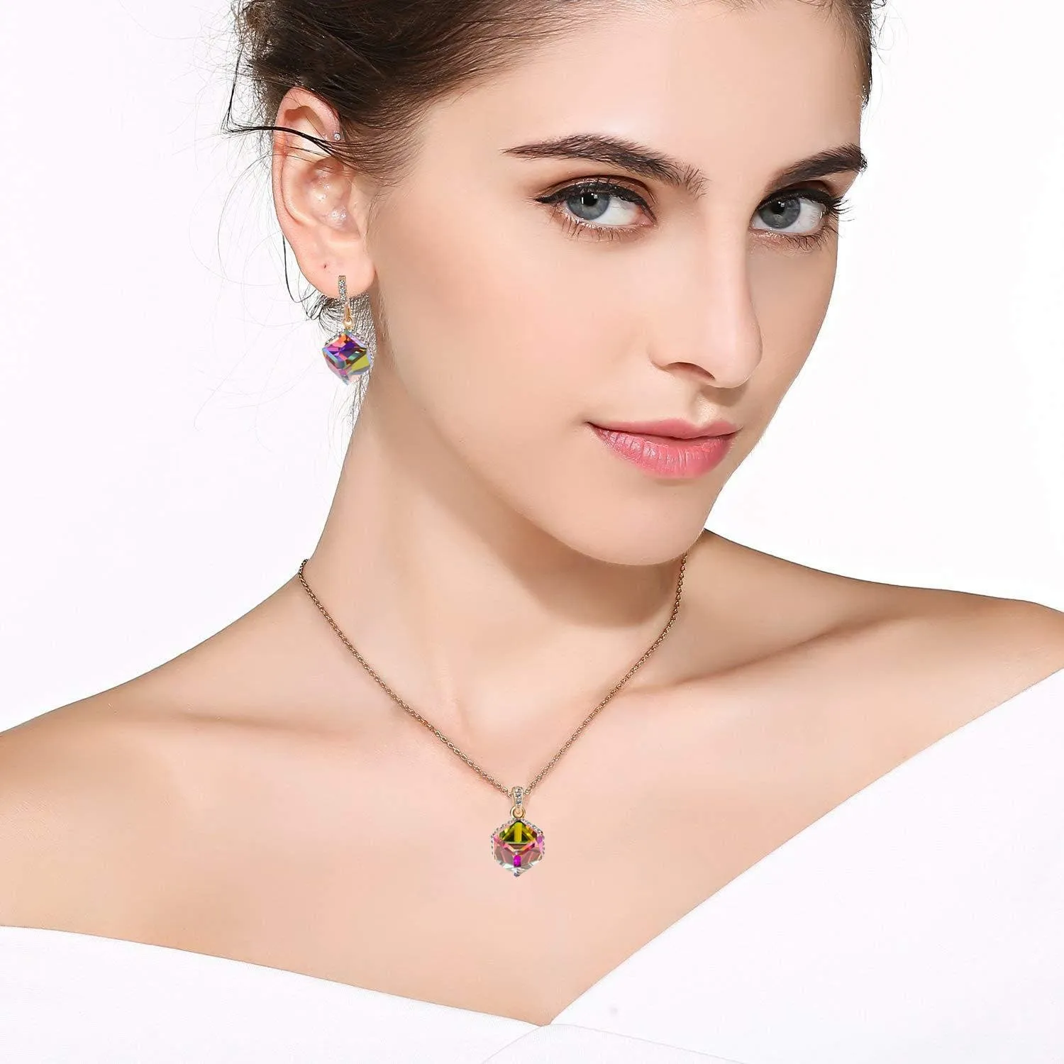 Austrian Crystal Pendant Necklace Earrings for Women 14K Gold Plated Hypoallergenic Jewelry Set path gush nectar EVEVIC Colorful Cubic 